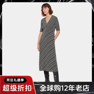 WHISTLES短袖连衣裙中长V领斜条纹黑白高腰修身气质英伦显瘦百搭