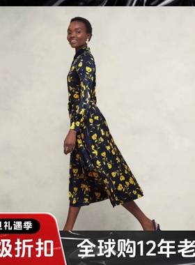 HOBBS长袖衬衫裙藏蓝黄色繁花印染系带修身气质英伦风大气显瘦