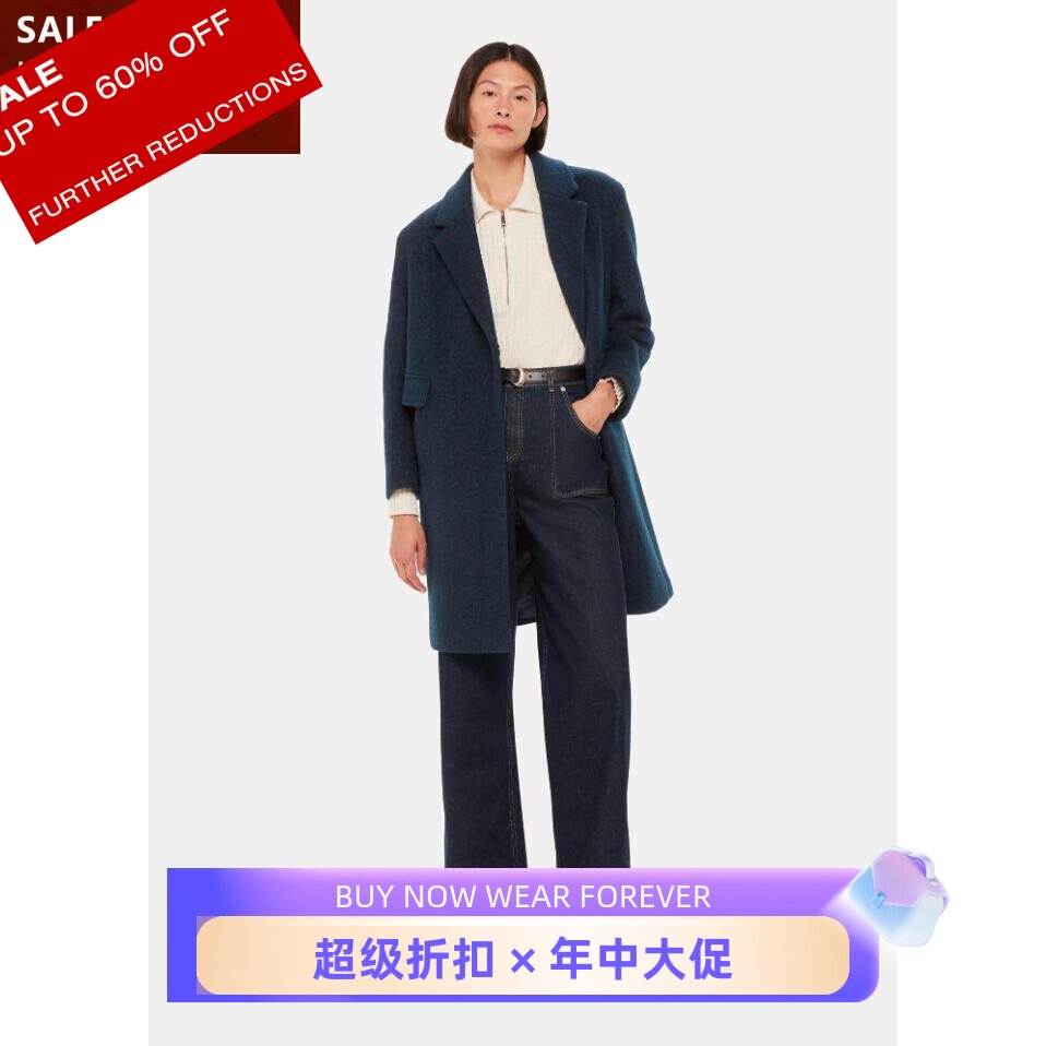 WHISTLES青蓝羊毛大衣西服领暗扣
