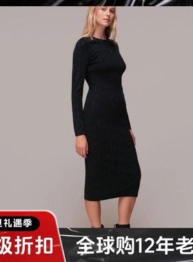 UNI CLOSET黑色长袖连衣裙包臀裙金属亮丝修身优雅英伦通勤显瘦
