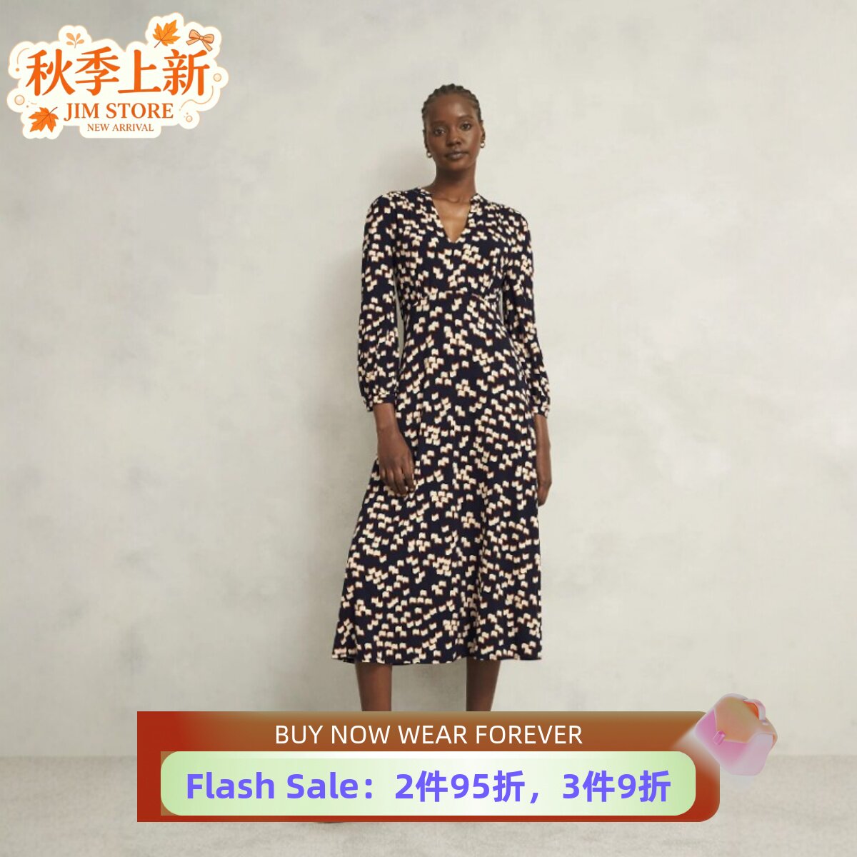 HOBBS长袖连衣裙V领中长款藏蓝色碎花格子高腰修身气质显瘦百搭