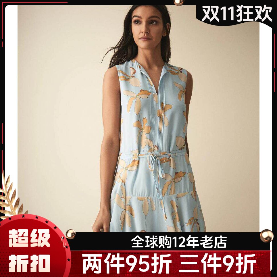 REISS连衣裙一步裙清新淑女无袖印花束腰蓝色优雅淑女百搭通勤