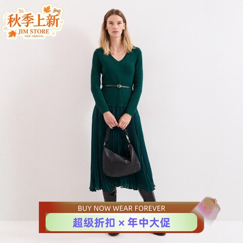 Phase Eight松柏绿长袖连衣裙百褶裙中长纯色假两件V领修身百搭OL