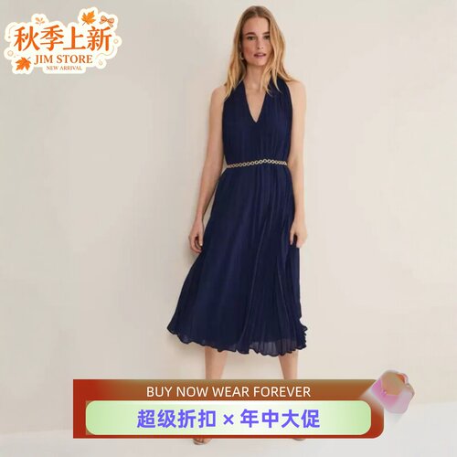 Phase Eight百褶连衣裙藏蓝中长V领系带纯色优雅英伦气质度假休闲