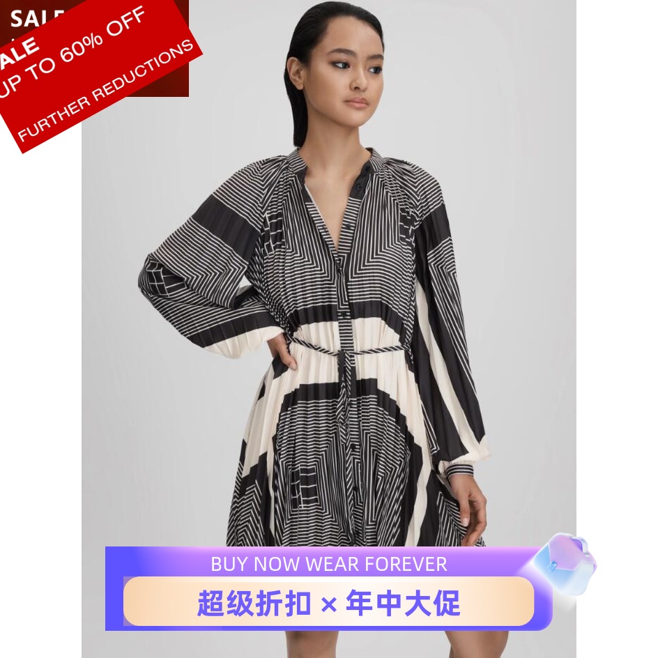 REISS长袖百褶连衣裙几何图案