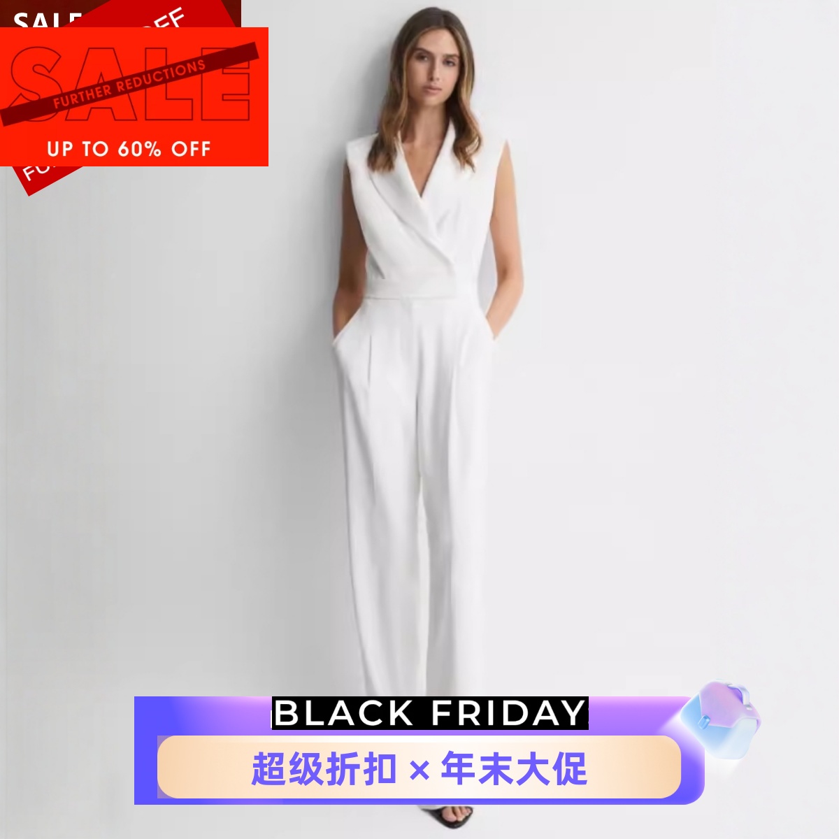 REISS白色连体裤连体衣西服领无袖长裤高腰修身优雅英伦气质干练