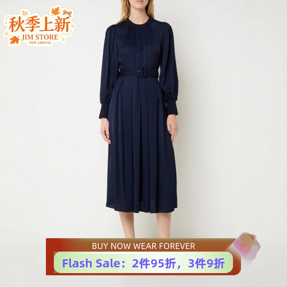 HOBBS藏蓝长袖连衣裙中长款配腰带纯色简约气质日常通勤显瘦