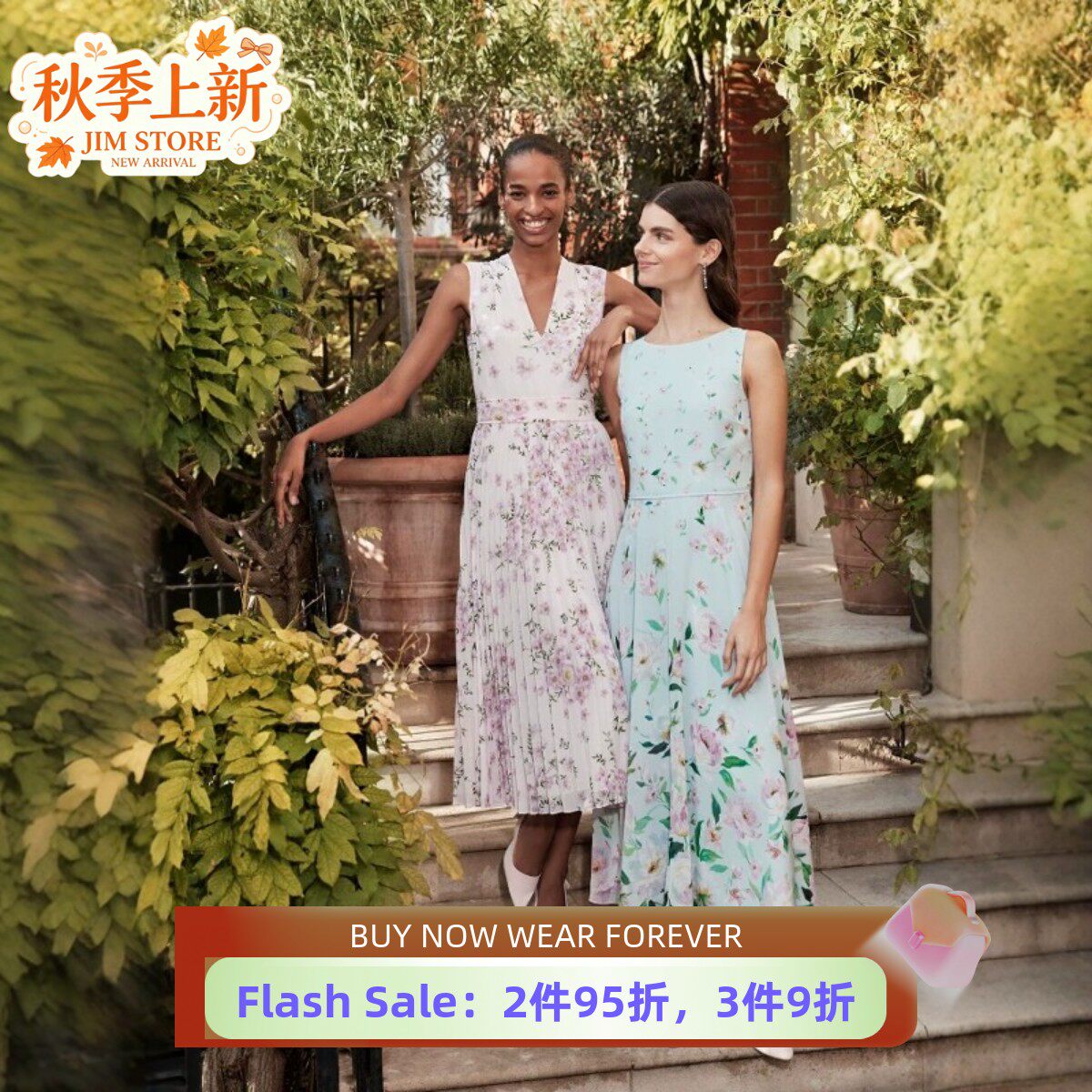 HOBBS连衣裙百褶裙淡粉碎花无袖V领高腰修身清新淑女优雅百搭