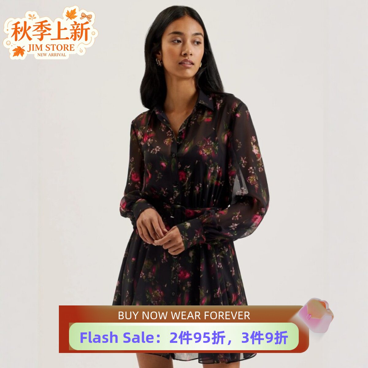 TED BAKER长袖连衣裙黑色网纱袖红色碎花印花配腰带英伦淑女气质