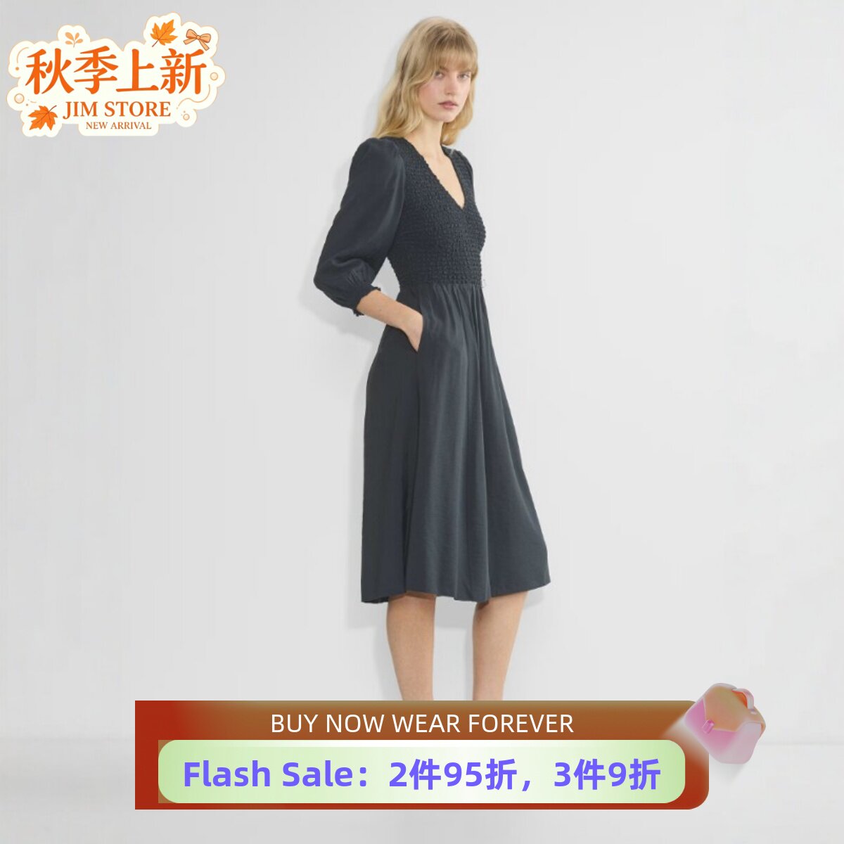 UNI CLOSET橡皮粉长袖连衣裙心形V领中长款纯色褶皱法式优雅大气