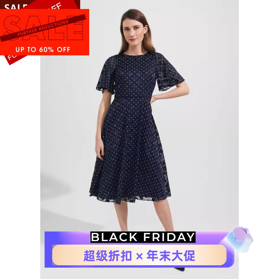 HOBBS藏蓝波点雪纺裙优雅英伦风