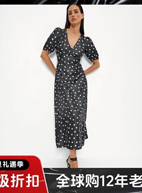 UNI CLOSET短袖黑色波点连衣裙中长高腰修身V领优雅气质舒适显瘦