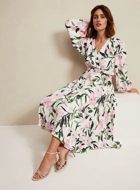 Phase Eight长袖连衣裙百褶裙白色绿叶碎花中长高腰优雅英伦淑女