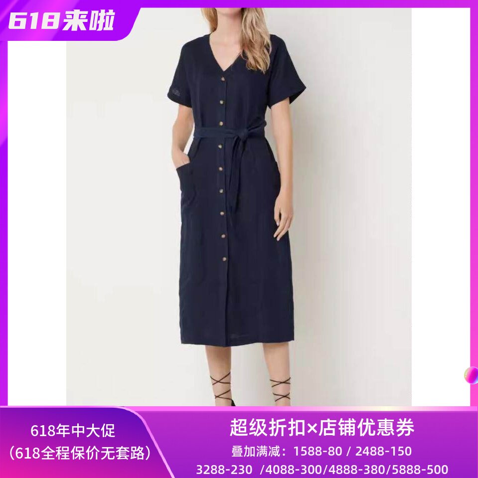 WHISTLES藏蓝亚麻衬衫裙气质显瘦