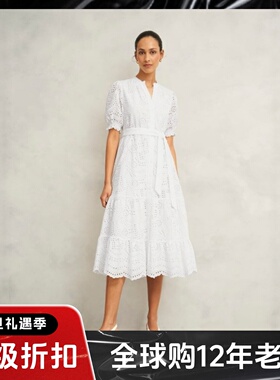 HOBBS白色短袖蕾丝裙中长系带棉质高腰修身清新淑女通勤百搭舒适