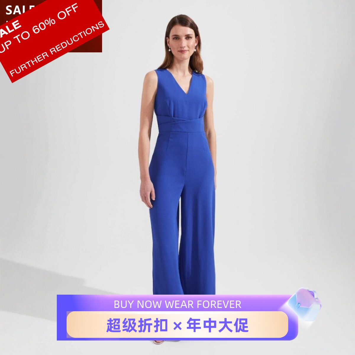 HOBBS钴蓝连体裤连体衣长裤无袖V领裹腰高腰修身简约干练OL百搭