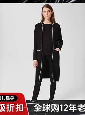 HOBBS黑色中长款针织衫开衫圆领白色描边简约大气英伦显瘦百搭