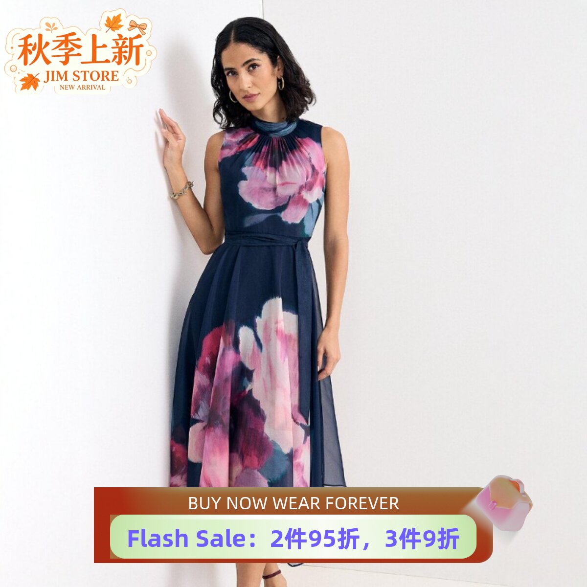 Phase Eight连衣裙气质无袖高领雪纺印花不规则下摆礼服裙英伦风