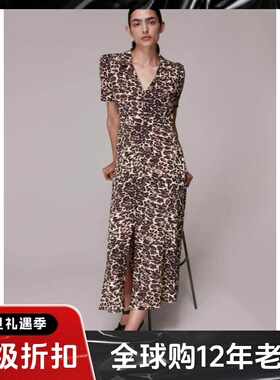 WHISTLES短袖连衣裙中长A字修身高腰豹纹气质英伦优雅干练显瘦
