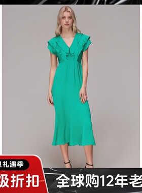 WHISTLES飞飞袖连衣裙中长包臀浅绿色优雅修身淑女气质英伦露背