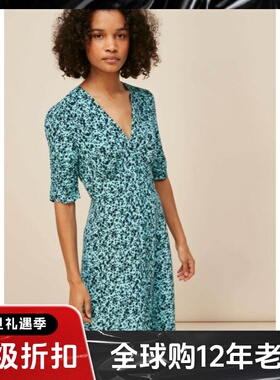 WHISTLES短袖连衣裙浅色碎花中长A字修身V领优雅淑女清新气质百搭