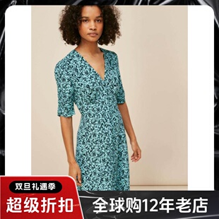 WHISTLES短袖连衣裙浅色碎花中长A字修身V领优雅淑女清新气质百搭