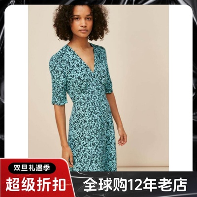 WHISTLES短袖连衣裙浅色碎花中长A字修身V领优雅淑女清新气质百搭
