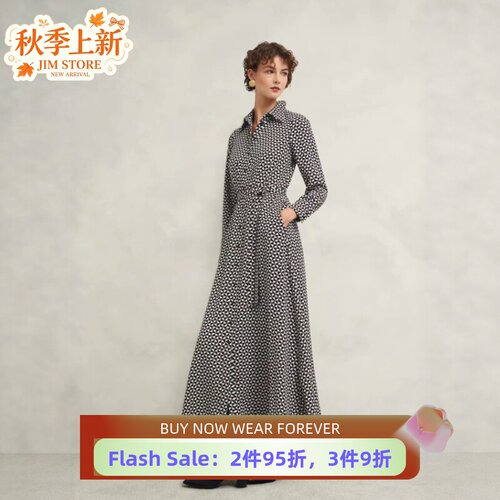 HOBBS长袖连衣裙衬衫裙中长款系带黑白格纹印花优雅大气百搭显瘦