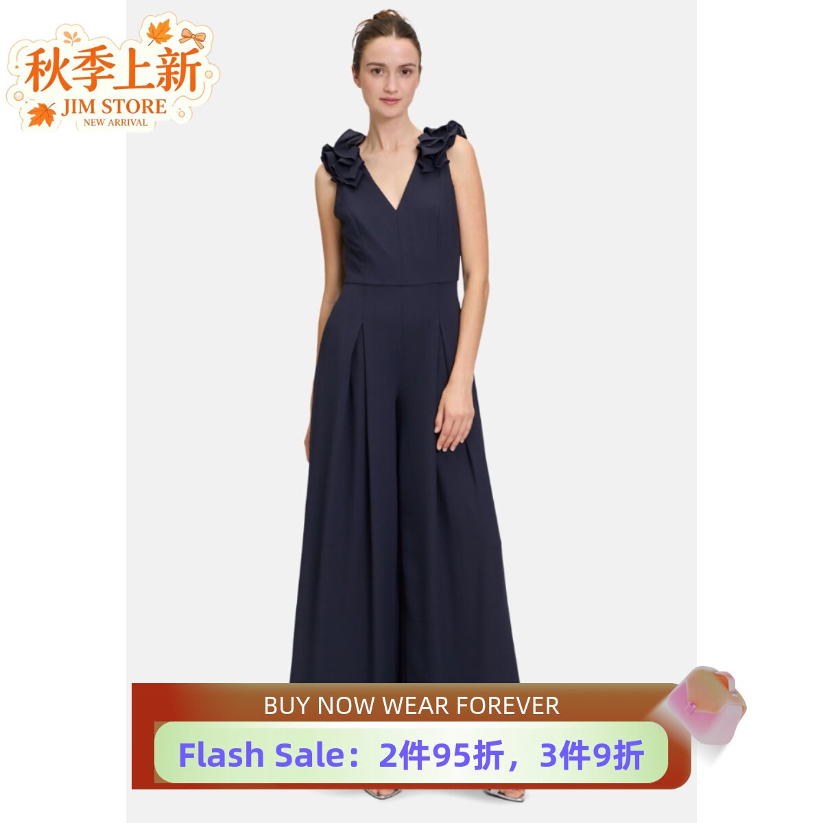 UNI CLOSET连体裤连衣裤藏蓝阔腿长裤无袖V领3D大花装饰气质修身
