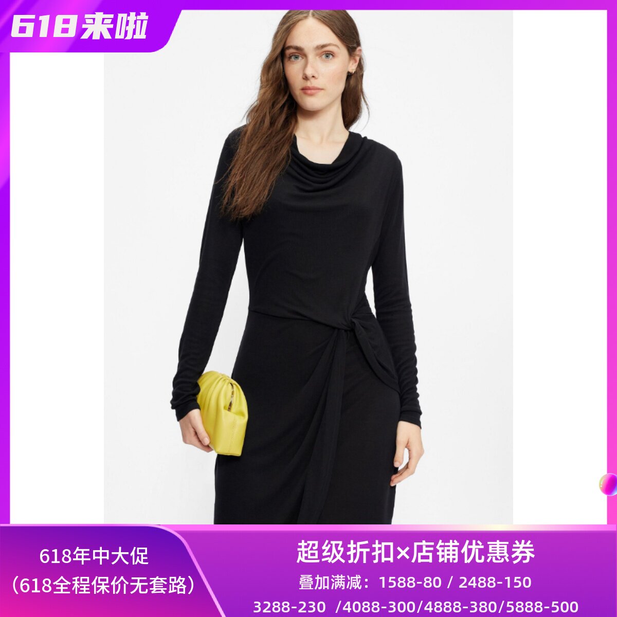 TED BAKER黑长袖连衣裙包臀裙堆堆领扭结裹腰设计优雅显瘦淑女风
