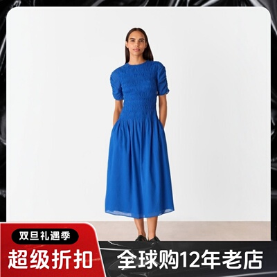 WHISTLES短袖蓝色连衣裙休闲茶歇裙中长纯色褶皱弹力设计修身百搭