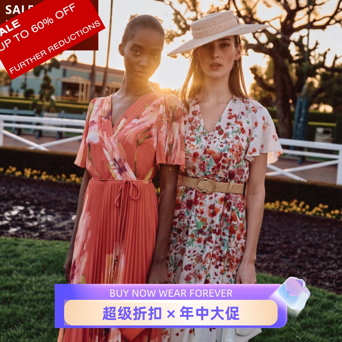 Phase Eight短袖连衣裙度假裙中长红色碎花印花V领配腰带优雅飘逸