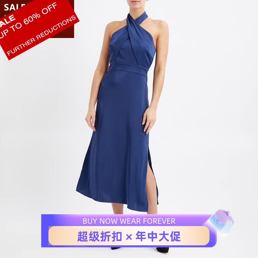 REISS深蓝挂脖度假裙优雅气质