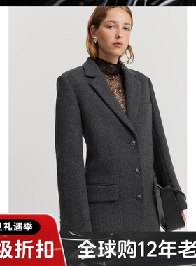 UNI CLOSET炭黑色羊毛毛呢大衣外套中长款西服领单排扣气质英伦