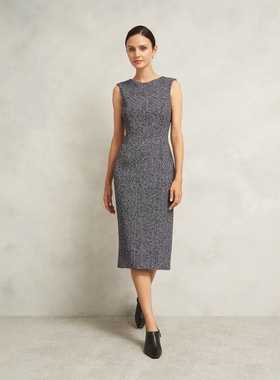 HOBBS灰色连衣裙包臀通勤裙棉毛混纺圆领中长款高腰修身干练显瘦