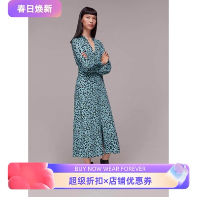 WHISTLES浅蓝印花长袖连衣裙英伦