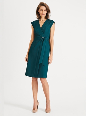 Phase Eight盖肩袖连衣裙中长裹腰系带松绿色简约气质通勤OL风