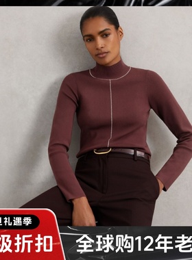 REISS酒红高领针织衫白色缝线装饰简约大气日常通勤百搭显瘦