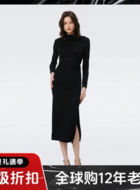 UNI CLOSET黑色长袖包臀连衣裙中长修身气质扭结优雅显瘦通勤百褶