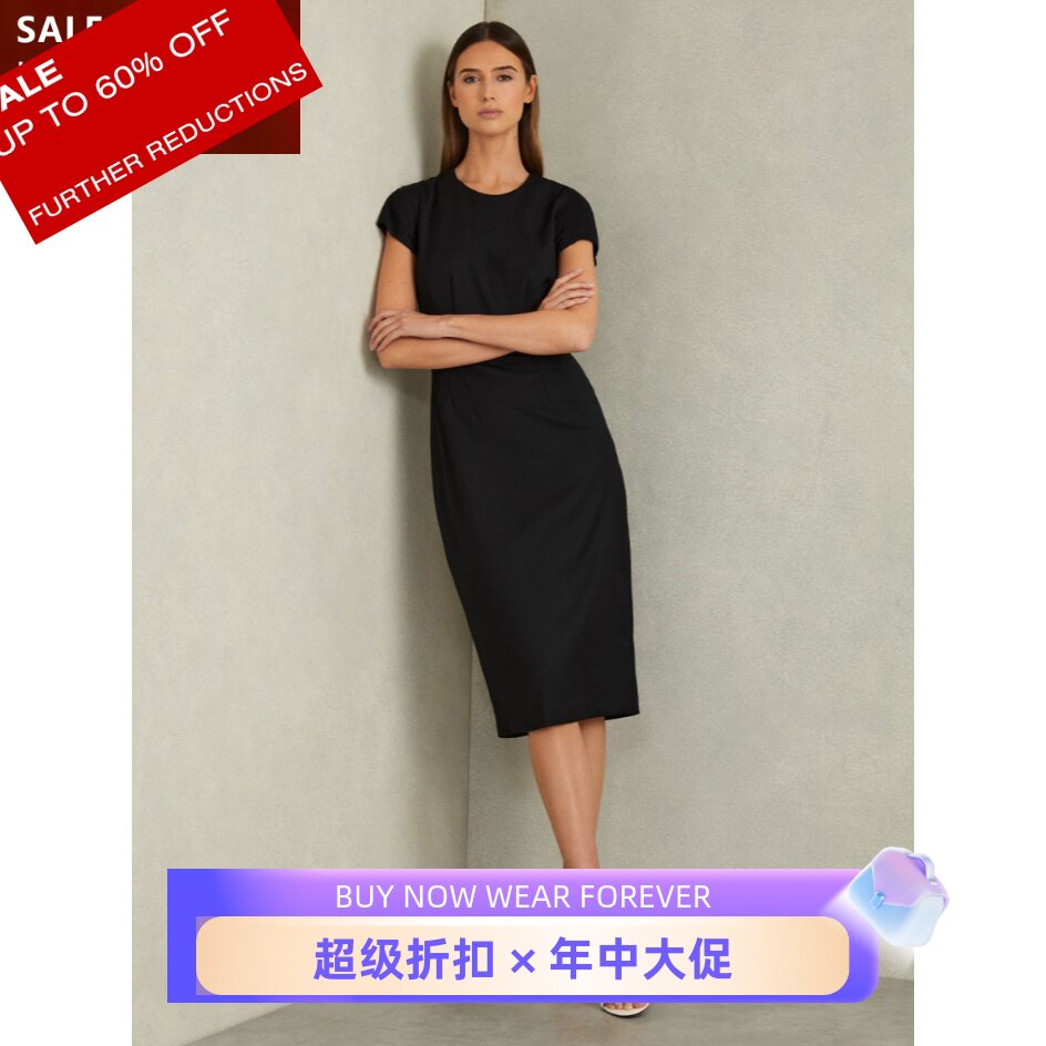 REISS黑色短袖连衣裙包臀裙通勤西服裙纯色中长款修身显瘦干练OL