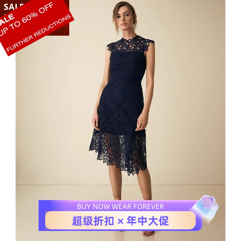 REISS蕾丝连衣裙藏蓝蕾丝重工斜摆中长高腰修身优雅淑女名媛风