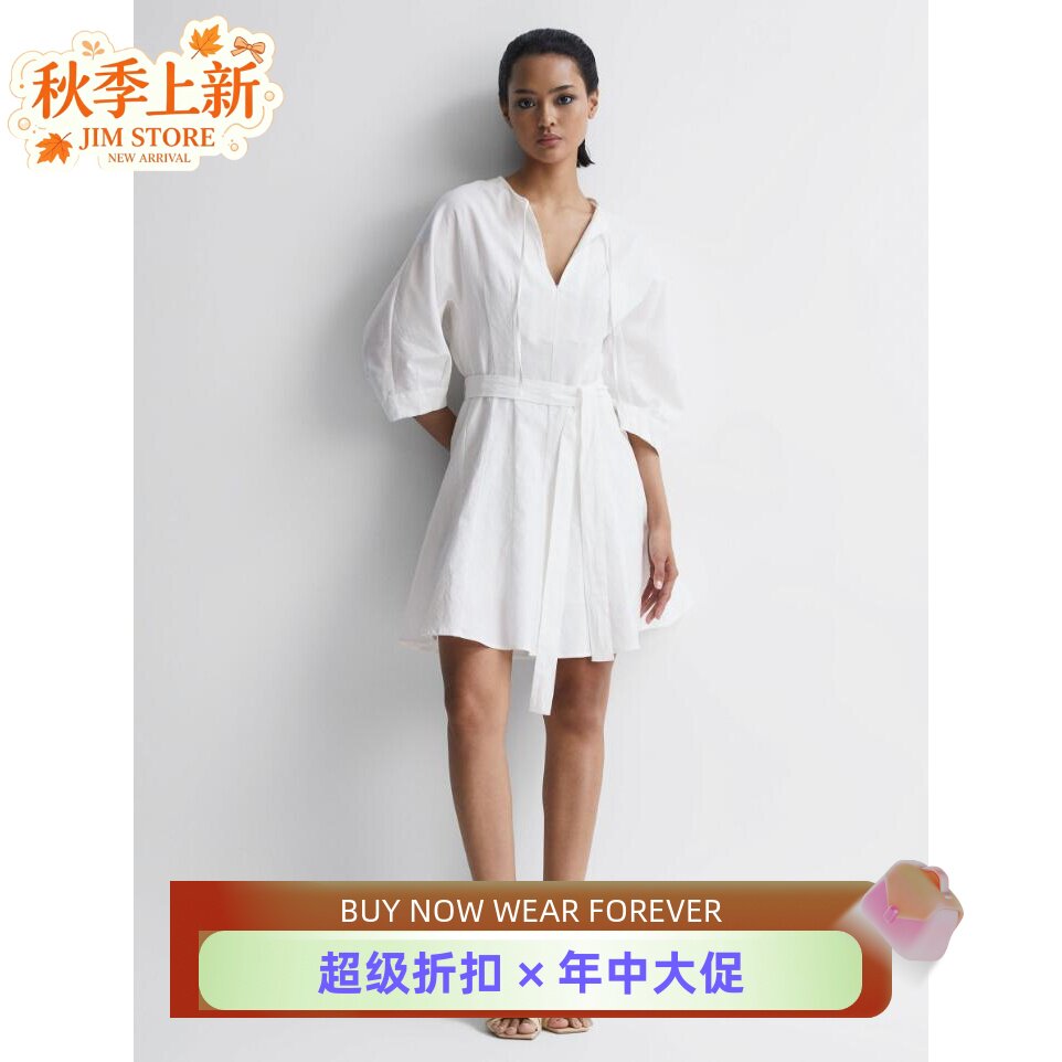 REISS白棉麻混纺连衣裙简约百搭