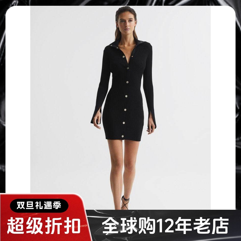 REISS长袖针织连衣裙黑色海军领短款包臀弹力修身优雅气质百搭