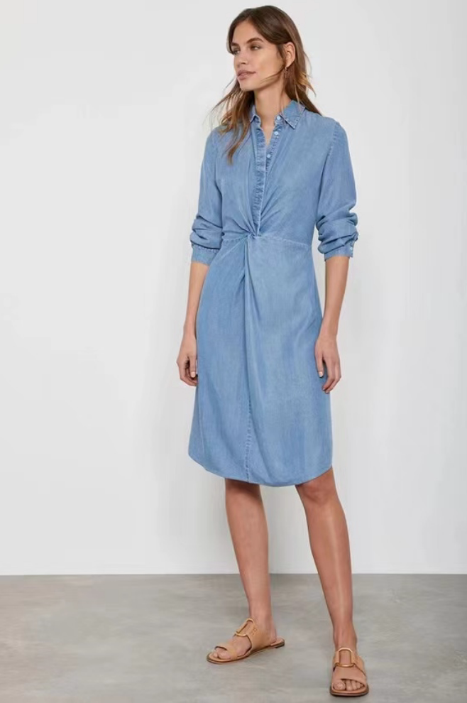 UNI CLOSET长袖连衣裙牛仔裙浅蓝色扭结衬衫领简约淑女百搭