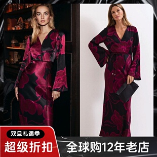 Phase 连衣裙礼服裙中长系带V领缎面黑红印花优雅气质 Eight长袖