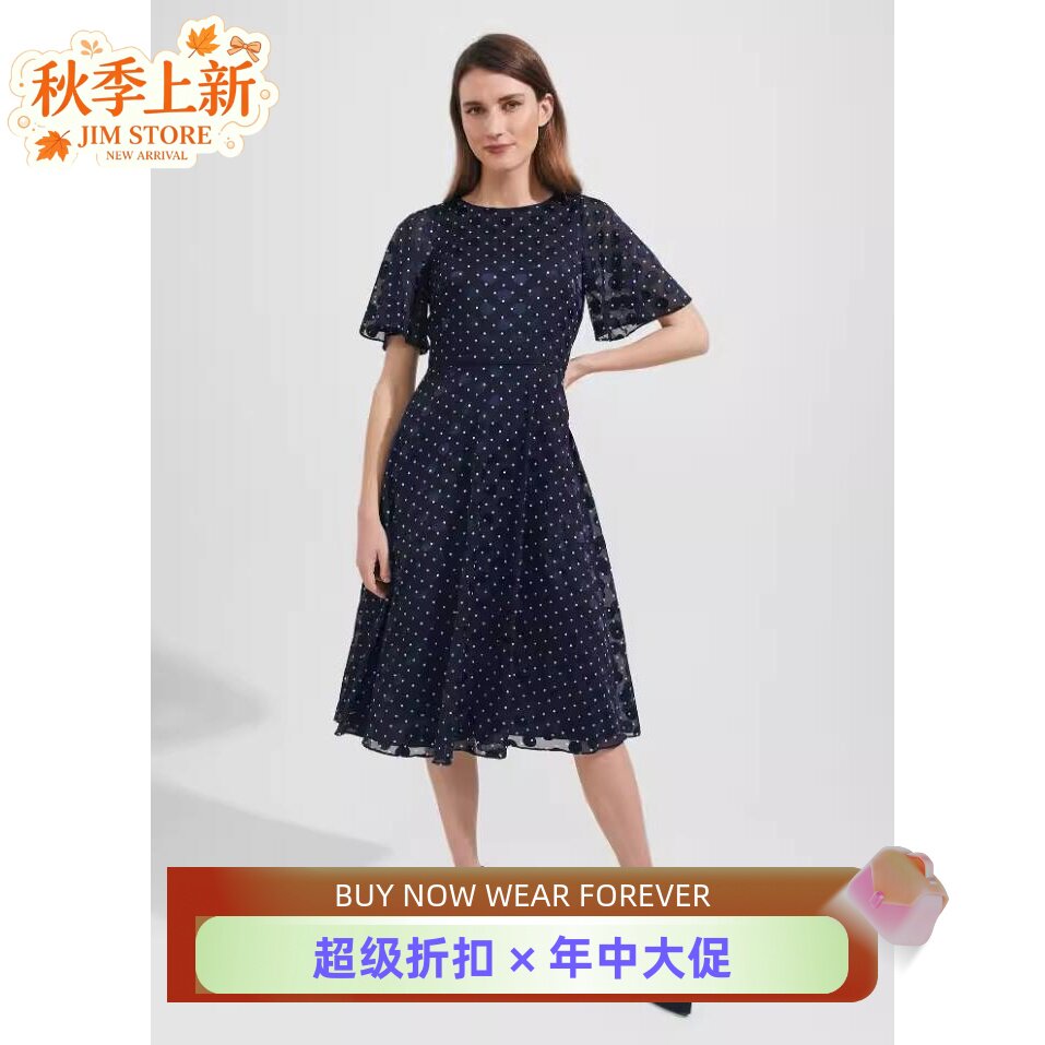 HOBBS藏蓝波点雪纺裙优雅英伦风