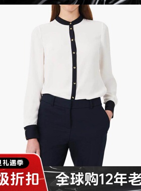 HOBBS白色长袖衬衫衬衣藏蓝拼色缝边直筒简约大气通勤英伦淑女风