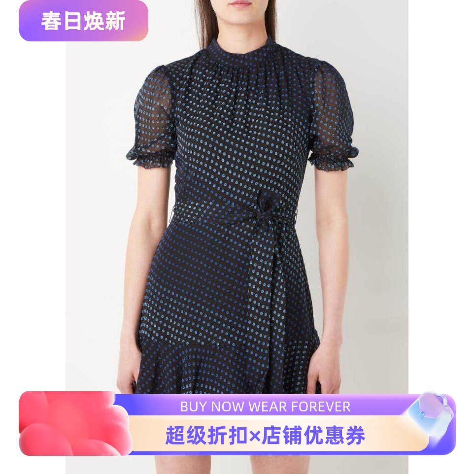 WHISTLES短袖真丝连衣裙深蓝A字系带波点修身渐变气质英伦百搭
