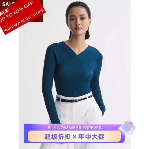REISS青蓝色交叉领针织上衣