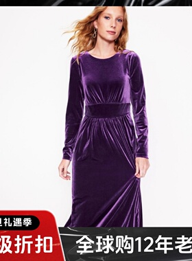 UNI CLOSET长袖丝绒连衣裙紫色光泽丝滑中长圆领优雅淑女修身显瘦